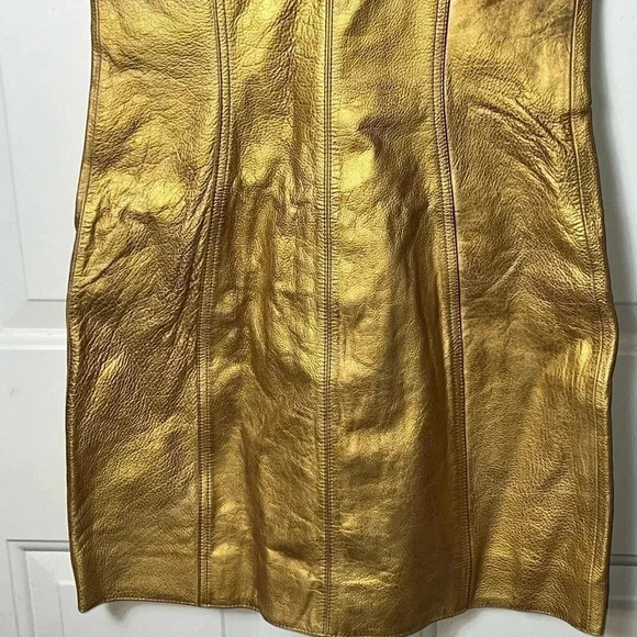 FREE PEOPLE 100% LEATHER MINI DRESS GOLD IN COLOR SIZE 2 - Picture 10 of 11